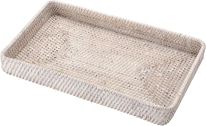 Hipiwe Rattan Serving Tray Whitewash Decorative Woven Trays for Organizing Bread Fruit Basket Rectangular Desktop Organizer for Kitchen Bathroom, 14.8" x 9" x 1.8"