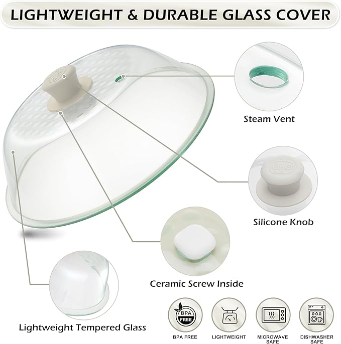 OEC Lighter Weight Tempered Glass Microwave Splatter Cover - 12.7 inch - Heat-Resistant & Impact-Resistant, Reinforced Glass Lid with Vent, Silicone Knob, Dishwasher Safe, 100% Food Grade - BPA Free