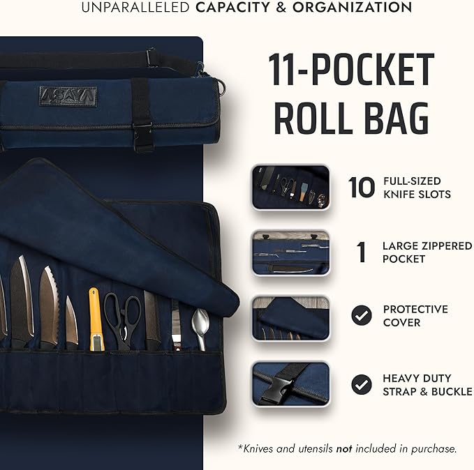 Asaya Canvas Chef Knife Roll Bag - 10 Knife Slots and a Large Zipper Pocket - Durable 10oz Canvas Knife Case with an Adjustable Shoulder Strap - Knives not Included