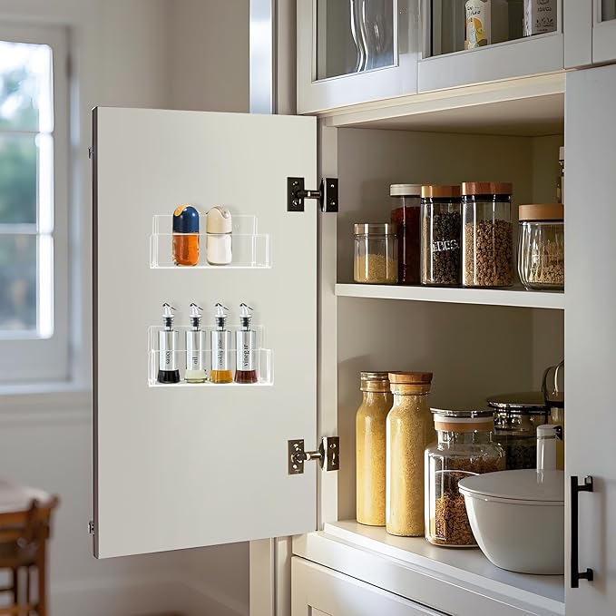 Acrylic Spice Rack Wall Mount-6 Inch, Clear Spice Shelf Storage Holder, 2 Pack Hanging Seasoning Rack Organizer for Cabinet Door, Cupboard or Wall Kitchen (Adhesive or Screw)