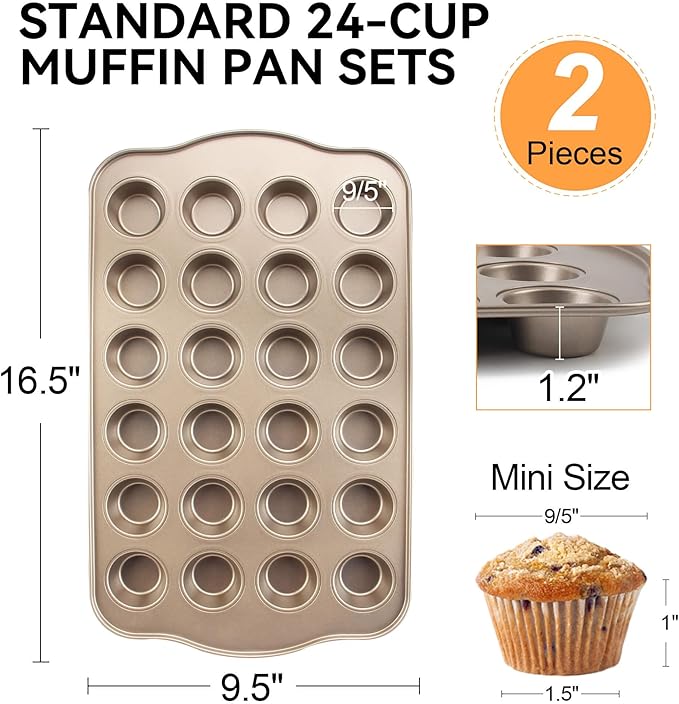 TAOUNOA Muffin Pan Cupcake Tin Nonstick, 2PCS Durable Baking Pan for Muffins & Cupcakes, Easy Clean Carbon Steel Muffin Tin for Oven Use, Parties, Gold, Standard 12 cup