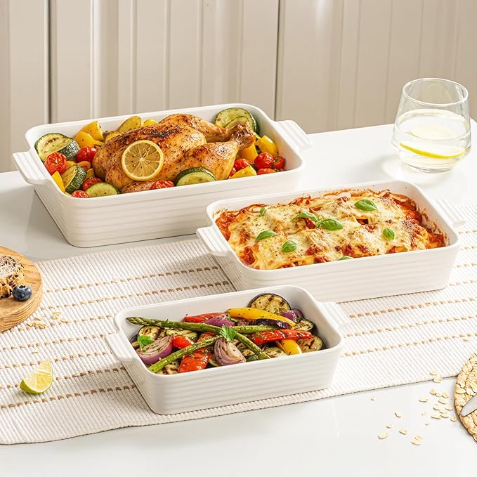 Jassceram Casserole Dishes for Oven, 3-Piece Ceramic Baking Dish Set, Rectangular Lasagna Pan Deep with Handles, Nesting Bakeware for Baking & Roasting, Oven Safe (9.6 to 13.1 Inch), White