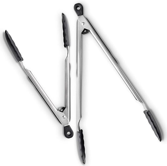 DI ORO Silicone Tongs for Cooking - Heat-Resistant Kitchen Tongs for Cooking with Silicone Tips - Small 9" & Large 12" for Nonstick Cookware - Stainless Steel Rubber Tipped (2pc, Black)
