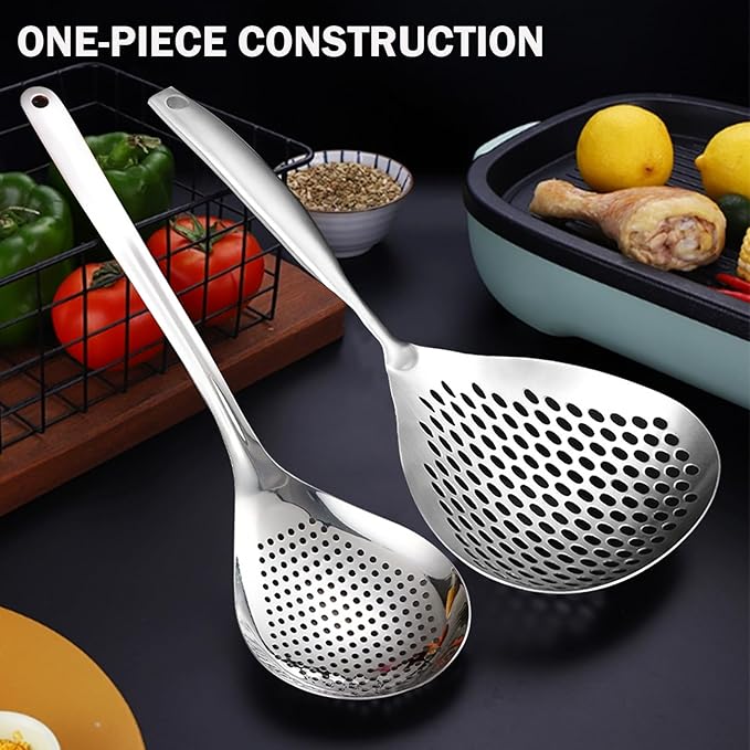 KAYCROWN Skimmer Slotted Spoon, 2 Pack Stainless Steel Pasta Spider Strainer Ladle for Frying and Cooking, Frying Strainer Spoon, Kitchen Cooking Skimmer Colander