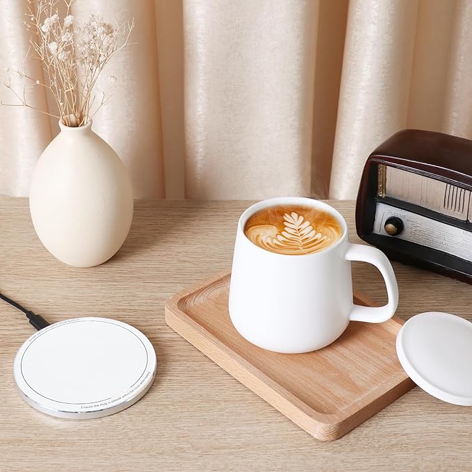 APEKX Warm Cup Coffee Mug Warmer Set - Smart Stable Constant Temperature 131°F, 15W Wireless Charging, 12.8 oz Capacity - Supports USB-C Interface, Automatic Power On/Off Function (4 H). (White)