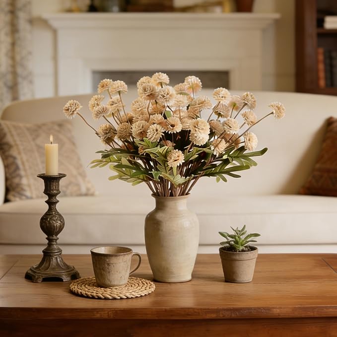 Beige Fake Flowers Long Stem 10PCS, Artificial Flowers Silk Mini Chrysanthemums for Vase, Fake Pompon Mums Vintage Dried Faux Decorative for Home Centerpieces Farmhouse