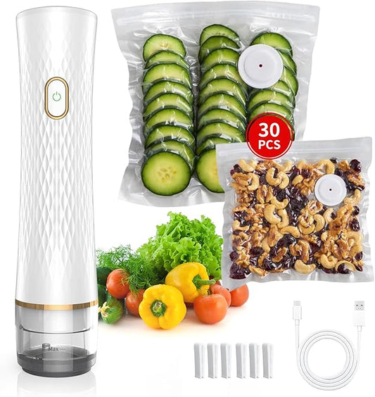 Vacuum Sealer for Food – Keeps Food Fresh up to 10× Longe, Cordless & rechargeable & strong suction for storage & sous vider(Handheld Vacuum Sealer + 30 Reusable Vacuum Bags)