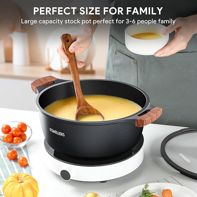 ITSMILLERS Nonstick Stock Pot,6.5 Qt Elegant Aluminum Ceramic Casserole with Pour Spout Lid, Induction Bottom
