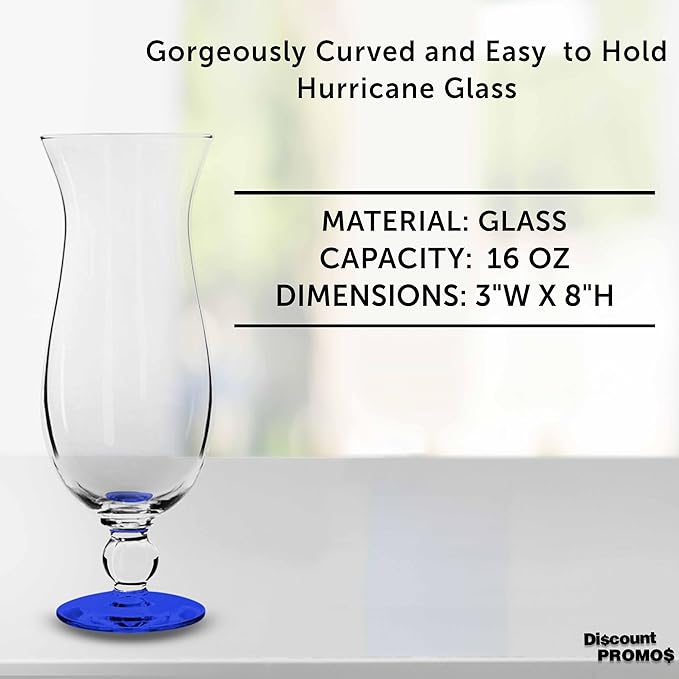 DISCOUNT PROMOS Libbey Hurricane Glasses 16 oz. Set of 12, Bulk Pack - Branded Drinkware for Cocktail, Pina Colada or Mudslide - Blue