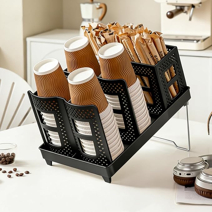 2-In-1 Coffee Cup Organizer,Foldable Stand Compartment Coffee Cup Dispenser,Cups, Straw, Cup Lid Manager,Suitable For Coffee Stations, Offices, Lounges