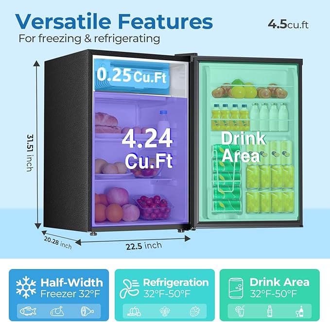 4.5 Cu.ft Mini Fridge with Freezer, Compact Refrigerator with Reversible Single Door, Adjustable Thermostat, Low Noise, Energy Efficient for Office, Dorm, Bedroom, Apartment BLACK