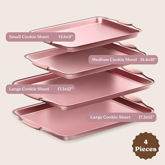 Country Kitchen Nonstick Stackable Bakeware Set - Heavy Duty, Durable, Easy Release Baking Set, Pink, 4 Pcs