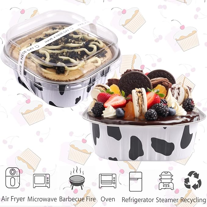 BZIDII 10oz Mini Cake Pans With Lids 50 Pack Aluminum Foil Square Brownie Baking Cups,4”x4” Disposable Loaf Pans With Lids and Spoons Stickers,Large Cupcake Pans Muffin Cake Tins Container(Cow Print)