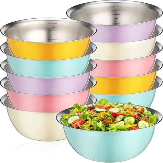 10 Pcs Stainless Steel Mixing Bowls 68 oz Metal Salad Bowls with Graduations Reusable Baking Food Containers Nesting Camping Bowl for Ice Cream, Salad, Soup, Baking, Sauces(8.9 x 3.5 Inch)