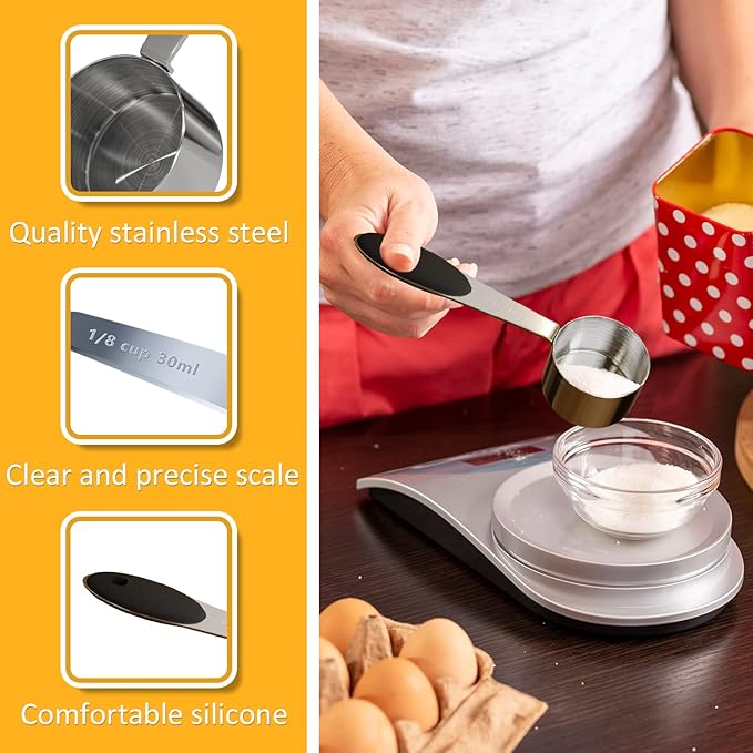 1PCS 1/8Cup (30ml, 1oz) Single Measuring Cup with Black Silicone Grip, Stainless Steel Individual Measure Scoop Only