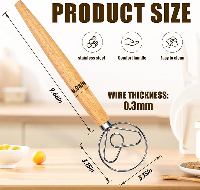 TEEVEA Danish Dough Whisk for Bread Sourdough, Wooden Handle & Stainless Steel Hook