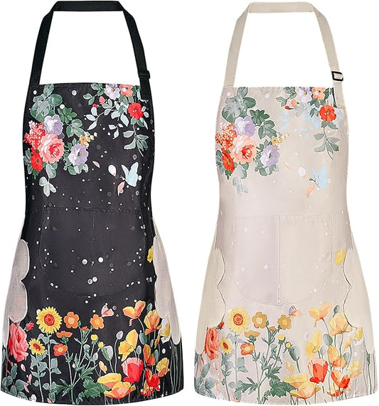 DILLMAN 2 Pack Floral Aprons with Pocket Blooming Womens Waterproof Adjustable Cooking Aprons Kitchen Gardening Salon