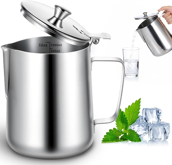 32 oz Stainless Steel Pitcher with Lid, 1 L Large Metal Measuring Cup with Handle, Large Mouth Graduated Beakers, Milk Frothing Jug for Latte Art, Espresso Machines, Tea