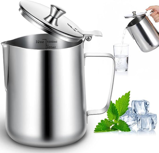 32 oz Stainless Steel Pitcher with Lid, 1 L Large Metal Measuring Cup with Handle, Large Mouth Graduated Beakers, Milk Frothing Jug for Latte Art, Espresso Machines, Tea