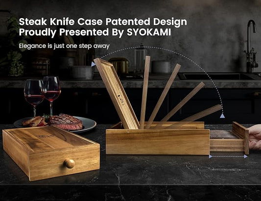 Steak Knives Set of 6 with Drawer Organizer, 4.8 Inch High Carbon Japanese Style Non Serrated Meat Knife with Wood Handle, Damascus Pattern Full Tang Design, Razor-Sharp Dinner Knives