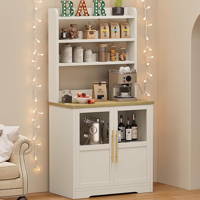 GAOMON Farmhouse Bakers Rack with Storage Cabinet and Power Outlets, Kitchen Pantry Organizer Hutch with Thickened Countertop, Microwave Stand with USB Ports, Multi-Shelf Storage, White & Peer Wood