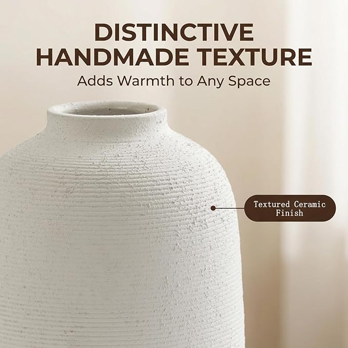White Ceramic Flower Vase Home Decor - Large Tall Farmhouse Table Vases Rustic Living Room Kitchen Bedroom Decorations for House Book Shelf Office Coffee Desk，Hand-Made Textured Surface (10.8“ H)