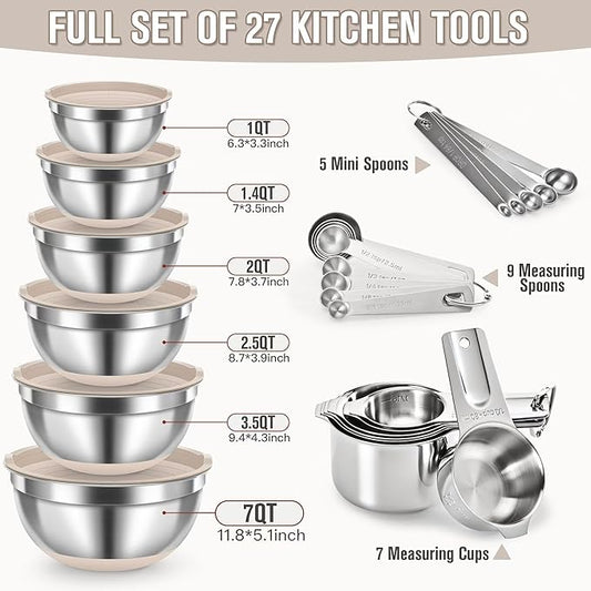 30PCS Mixing Bowls with Lids Set, Stainless Steel Nesting Bowls with Graters, Non-Slip Silicone Bottom, Large Khaki Bowls 7QT to 1QT & 21 Measuring Cups and Spoons Great for Mixing, Baking, Serving