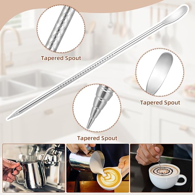4 Pcs Espresso Accessories Kit with Espresso Cups with Handle, Milk Frothing Pitcher and Latte Art Pen Stainless Steel Cappuccino Machine Accessories for Coffee Bar(Silver,100ml, 350ml)