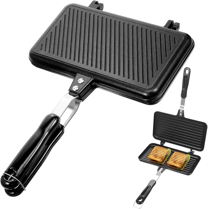 Hemoton Double-Sided Non-Stick Sandwich Baking Pan 14X9.44 Inch Ergonomic Handle Grill Plate for Stovetop Cooking Breakfast Waffles Toasts Omelets
