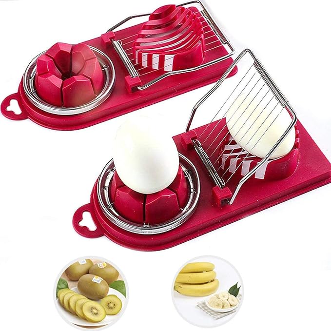 Egg Cutter Fruit Slicer Boiled-Eggs - Strawberry Stainless Steel Cutting Wires Kitchen Egg Slicers 2 in 1 (red)