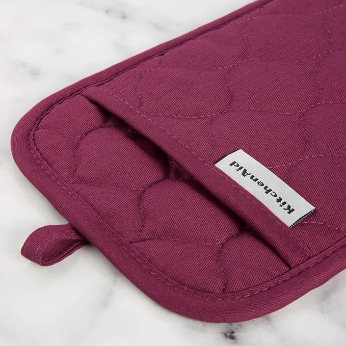 KitchenAid Quilted Cotton Terry Cloth Oven Mitt, Pot Holder, Kitchen Towel 4-Pack Set, Heat Resistant, Silicone Grip, Gift Set, Beet, 16"x26", 7"x13" & 7"x10"
