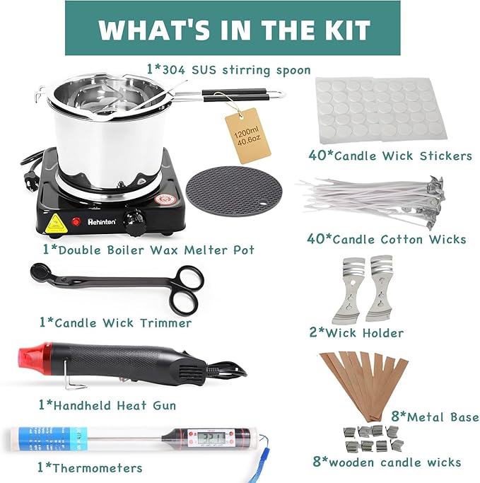 Hehinton Double Boiler Wax Melter 1200ML/40.6OZ, Candle Making Kit Supplies for Adults Beginners, DIY Kit with 1000W Electric Hot Plate, Wick Trimmer, Hot Air Gun, Thermometer, Wick Stickers