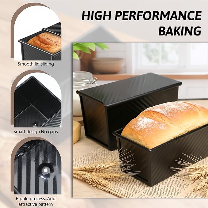 Lyksgir 2 Pack Black Pullman Loaf Pan with Lid, Non-Stick Bread Loaf Pan, 2.2lb & 1lb Carbon Steel Corrugated Toast Tin, Carbon Steel Toast Box with Cover for Homemade Bread Sandwich and Sourdough