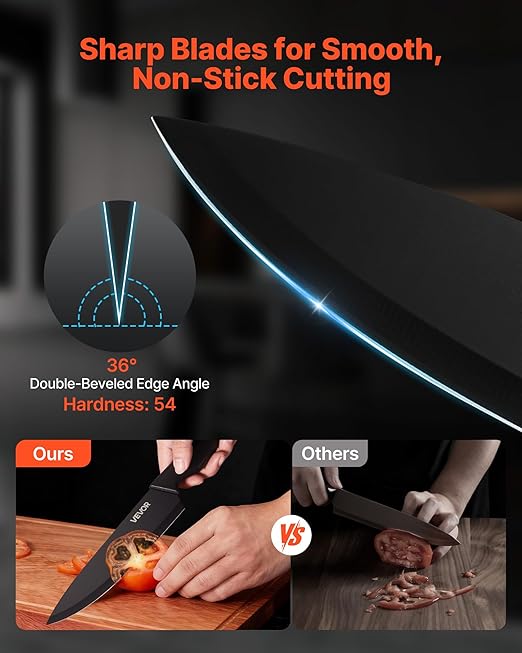 VEVOR Kitchen Knife Set with Block and Sharpener, 15 Piece German High Carbon Stainless Steel Knife Set, Kitchen Cutlery with PP Ergonomic Handle, Sharpening Rod and Wooden Block, for Home Cooks