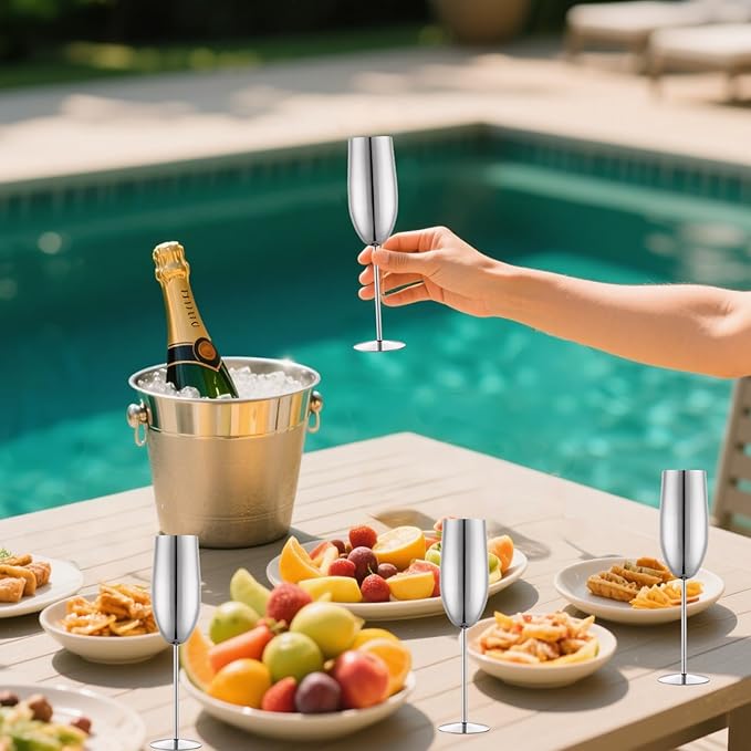 Stainless Steel Champagne Flutes Set of 4-Wedding &Birthday Gifts,8.5 Oz Unbreakable Champagne Glass with Long Stem,Reusable Indoor Outdoor Drinkware (Silver)
