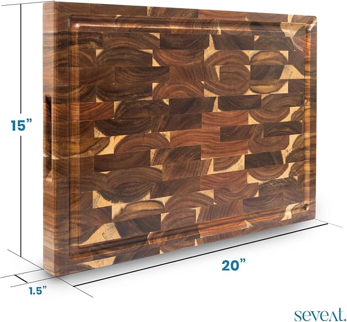 End Grain Cutting Board - Acacia Wood Double-Sided Butcher Block for Kitchen with Juice Groove & 3 Pockets, Durable Wooden Chopping Board, Wood Cutting Boards for Kitchen & Meal Prep (Brown)