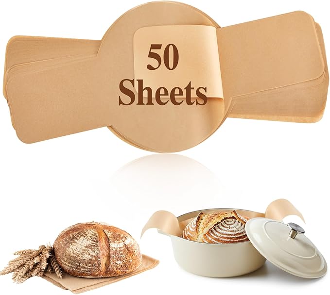 Marspark 50 Pcs Parchment Paper for Sourdough Baking, Bread Sling - Dutch Oven Liner, Pre-Cut Parchment Baking Supplies for Easy Dough Transfer (Round)