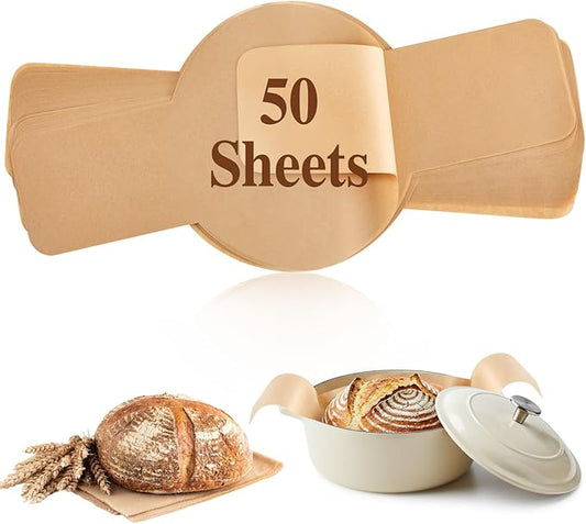Marspark 50 Pcs Parchment Paper for Sourdough Baking, Bread Sling - Dutch Oven Liner, Pre-Cut Parchment Baking Supplies for Easy Dough Transfer (Round)