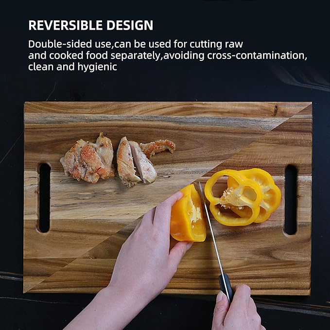YSTKC Acacia Wood Cutting Board with Hand Grip 15" x 9.5" Inch, Wooden Reversible Chopping Board with Handle for Kitchen Meal Prep Serving, Chopping, Carving Meat, Fruits, Vegetables, Charcuterie