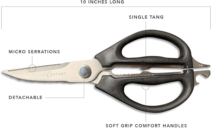 Kitchen Scissors: Heavy Duty Stainless Steel Utility Kitchen Shears for Poultry, Vegetables, Meat, Seafood, Herbs | Multi-Function Cooking Scissors with Large Black Soft Grip Handles by Cestari
