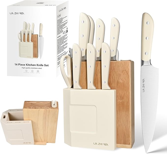 14-Piece Knife Block Set, High-Carbon Stainless Steel Dishwasher Safe Kitchen Knives Detachable Knife Holder, Includes Chef's, Santoku, Bread & Steak Knives(white)