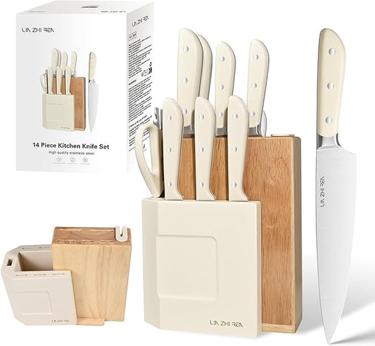 14-Piece Knife Block Set, High-Carbon Stainless Steel Dishwasher Safe Kitchen Knives Detachable Knife Holder, Includes Chef's, Santoku, Bread & Steak Knives(white)