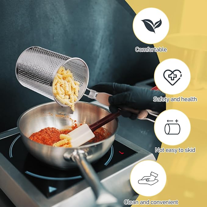 2 Pack Pasta Basket for Boiling Stainless Steel Food Strainer with Wood Handle Spaghetti Spoon Fine Mesh Colander for Pasta Noodle Dumpling (4.5"D x 14.6"H)