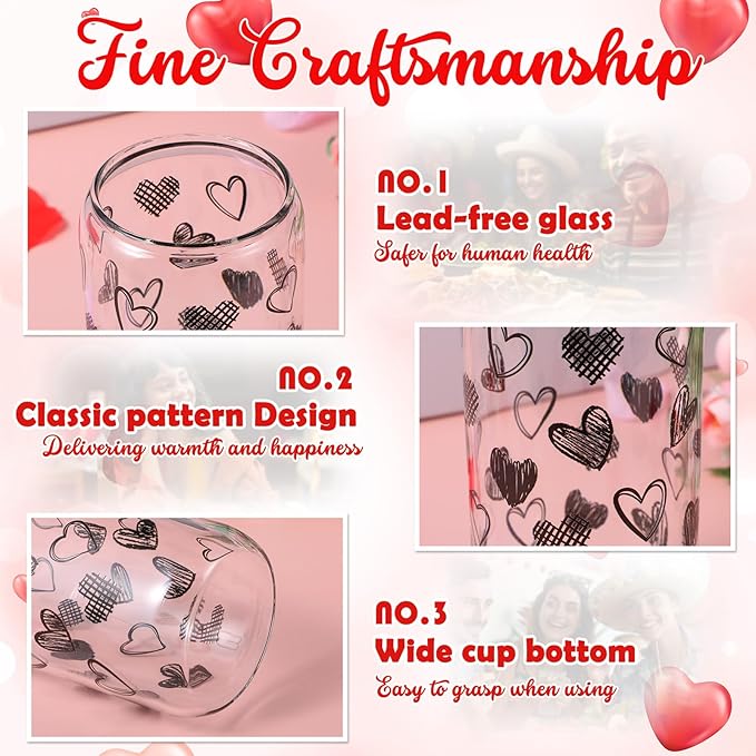 Sliner 2 Pcs Heart Glass Cups Valentines Galentines Day Tumbler with Lid Straw 16 oz Iced Coffee Cup Drinking Glasses Cute Beer Can Tumbler Holiday Gifts for Home Office Decorations