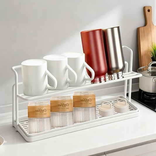 Water Bottle Drying Rack With Drain Tray - 2-Tier Kitchen Cup Storage and Mug Organizer (White)