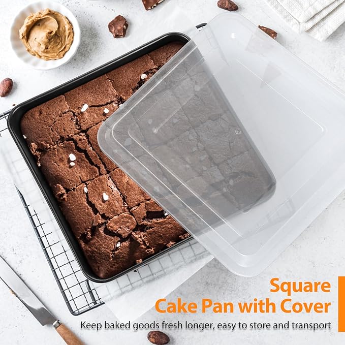 E-far 6/8/9-Inch Square Cake Pan with lid Set, Non-stick Square Baking Brownie Pans Bakeware Set of 3, Stainless Steel Core & Easy Clean - 6 Pieces(3 Pans + 3 Covers)