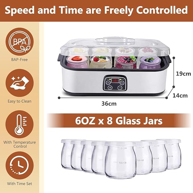Automatic Yogurt Maker with 8 Jars 1400ml Digital Yogurt Maker Machine Adjustable Temperature 48H Time Control for Fresh Homemade Yogurt Dessert, LED Display Multi-Function Electric Yogurt Machine