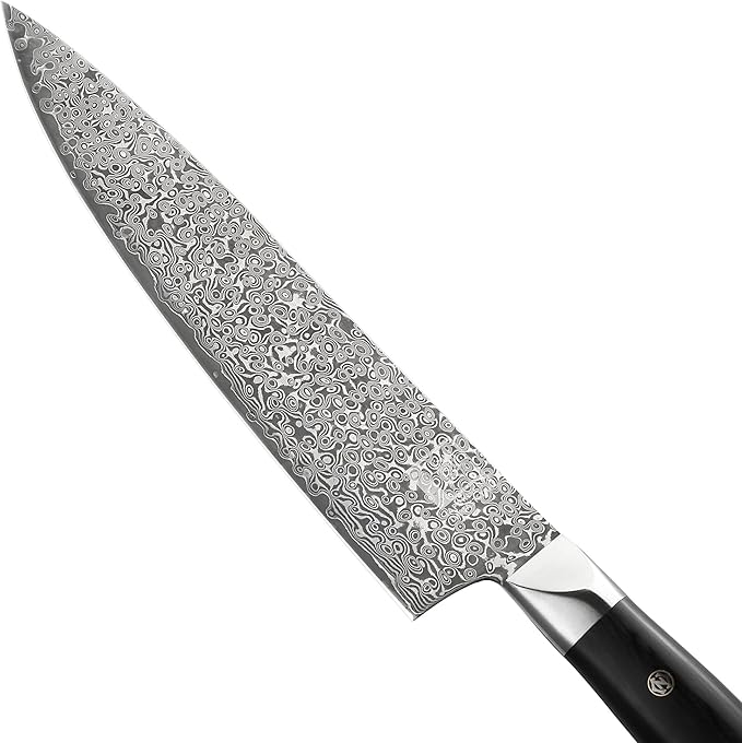 zayiko Black Edition Damascus Knife Gyuto I 20 cm blade made of 67 layers of VG10 Damascus steel I Ergonomic Pakkawood handle I Professional kitchen knife for meat, fish & vegetables I In a gift box