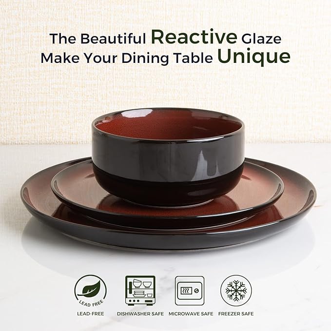 LERATIO Ceramic Plates Set of 6, 8.5 Inch Reactive Glaze Light Weight Porcelain Salad Plates,Modern Shape Dinnerware Dishes Set for Microwave& Dishwasher &Oven Safe,Scratch Resistant-Orange Red