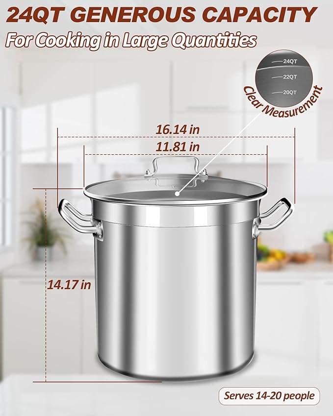 24 Quart Stainless Steel Stock Pot with Glass Lid – Heavy Duty Cooking Pot for Soup, Stew, Pasta – Induction Compatible, Dishwasher Safe – Ideal for Home & Commercial Use